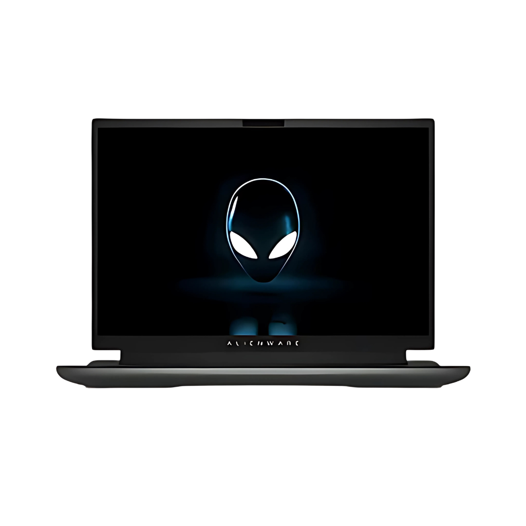 Dell Alienware M16 R1 laptop, front view with alien logo on screen. Dell Alienware M16 R1 laptop, front view with alien logo on screen.